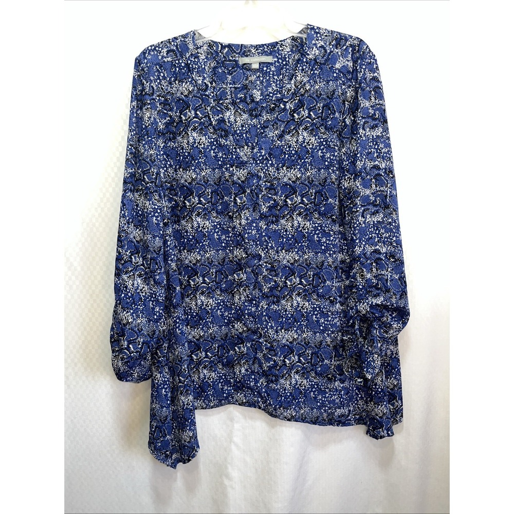 NY Collection Blue/Black/White L/S Poly Blouse Top Large